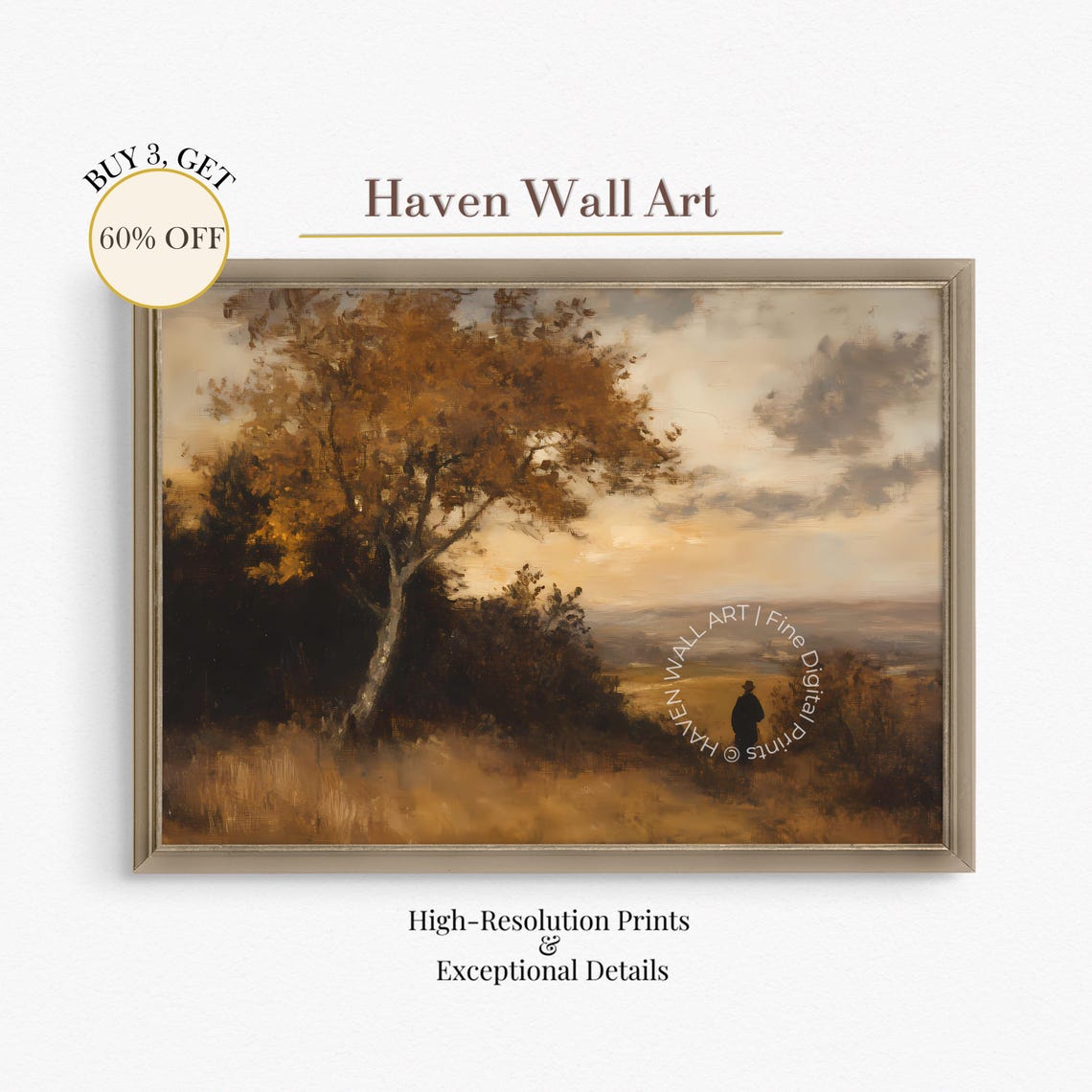 Golden Autumn Tree Print With Lone Figure Crossing Open Field