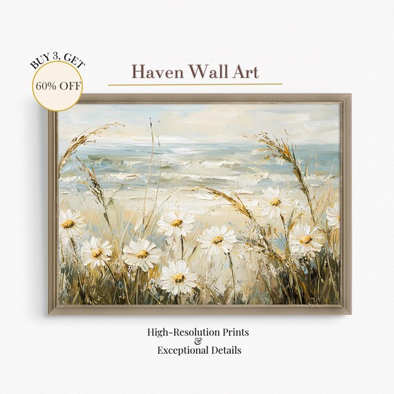 Beach Daisies Dune Grass Rustic Coastal Floral Seaside Wall Art