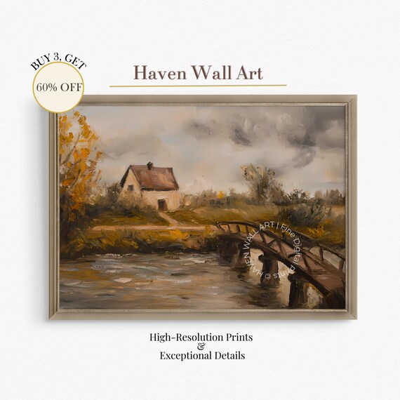Riverside Cottage Wooden Bridge Autumn Oil Painting Fall Scene Poster