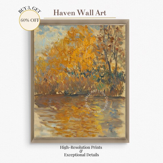 Impressionist Golden Foliage River Bank Oil Painting Art Poster