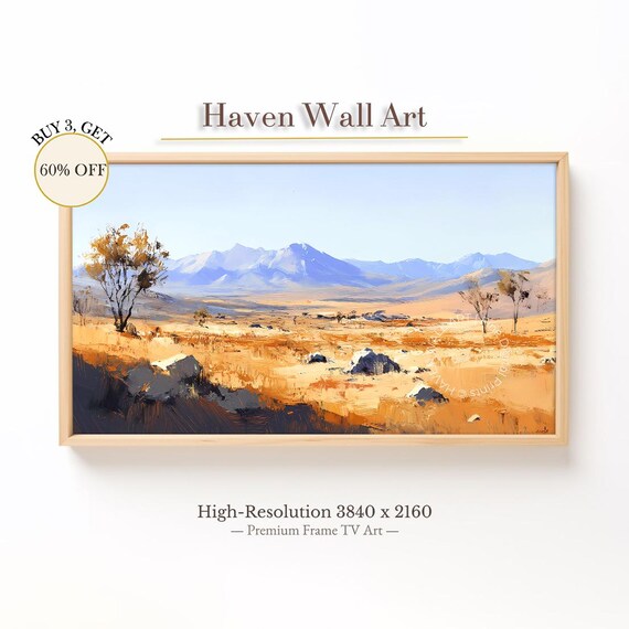 Golden Grassland Blue Mountains Impressionist Landscape Poster