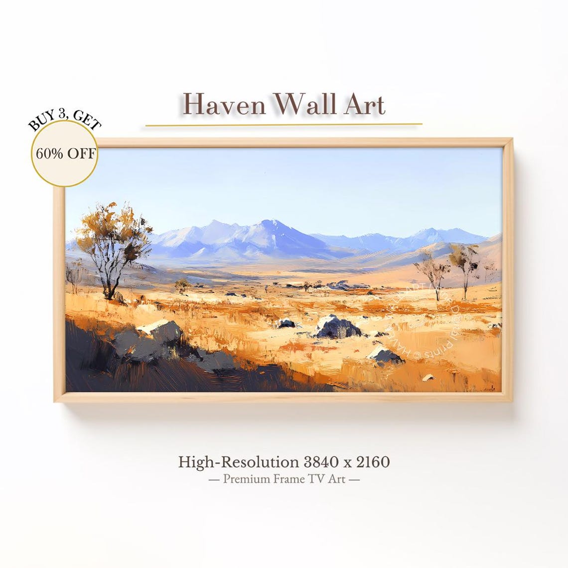 Golden Grassland Blue Mountains Impressionist Landscape Poster