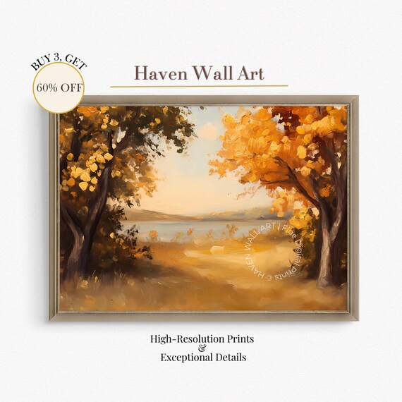 Golden Autumn Trees Print Framing Tranquil Lake Vista In Warm Light