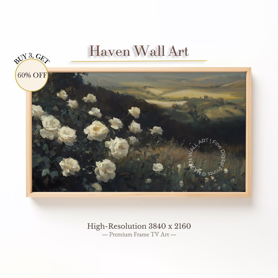 White Roses Blooming Over Rolling Hills Dusk Landscape Painting Poster