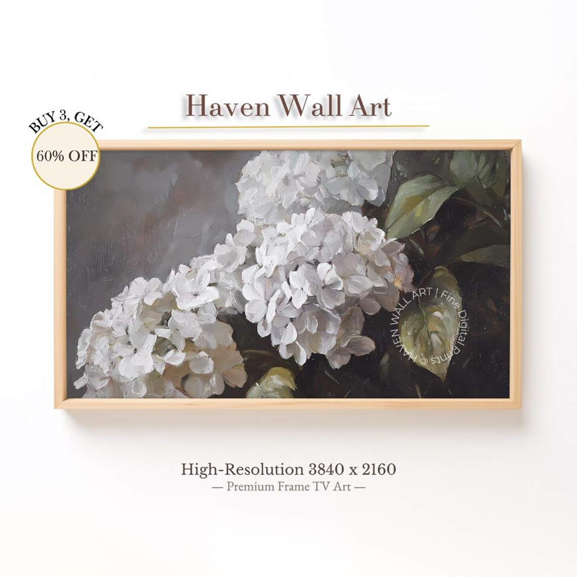 White Hydrangea Clusters Moody Dark Vintage Floral Oil Painting Poster