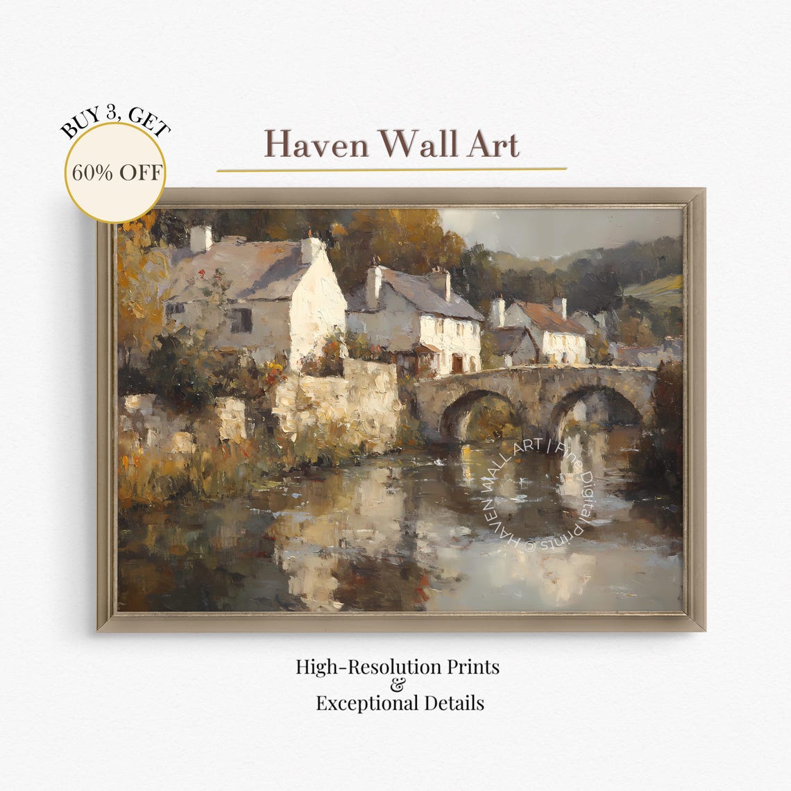 Cottage Village Stone Bridge River Oil Painting Impressionist Poster