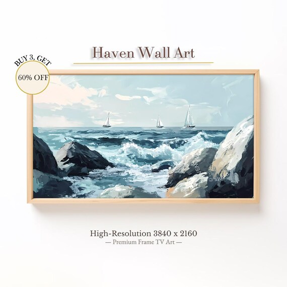 Sailboats Between Rocky Sea Cliffs Crashing Waves Ocean Painting Poster