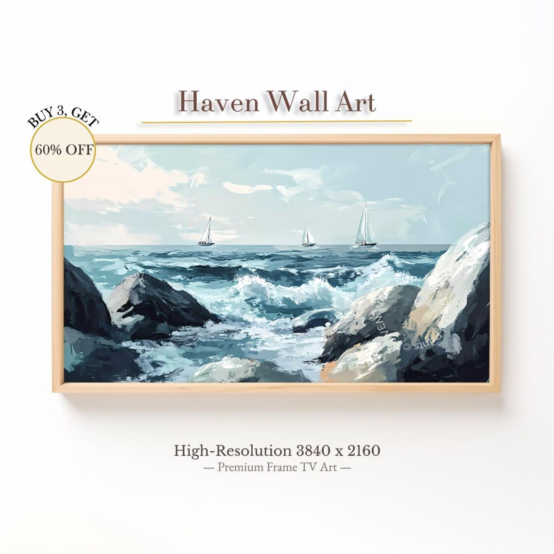 Sailboats Between Rocky Sea Cliffs Crashing Waves Ocean Painting Poster