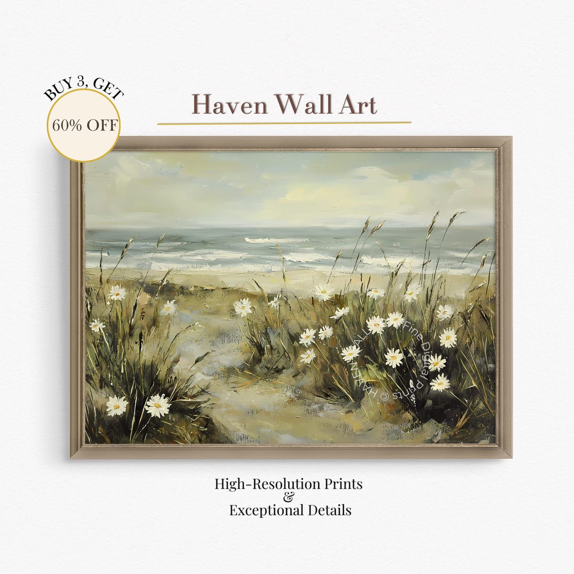 Daisy Dunes Path to Shore Soft Coastal Wildflowers Beach Wall Art