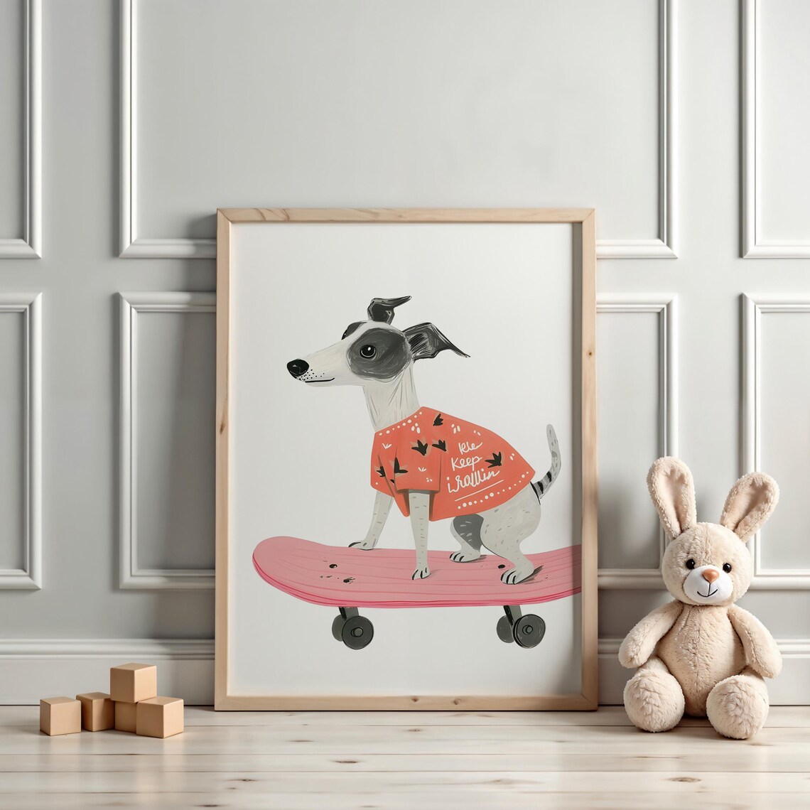Whippet in a Coral Shirt Cruising on a Pink Skateboard Poster - Image 3
