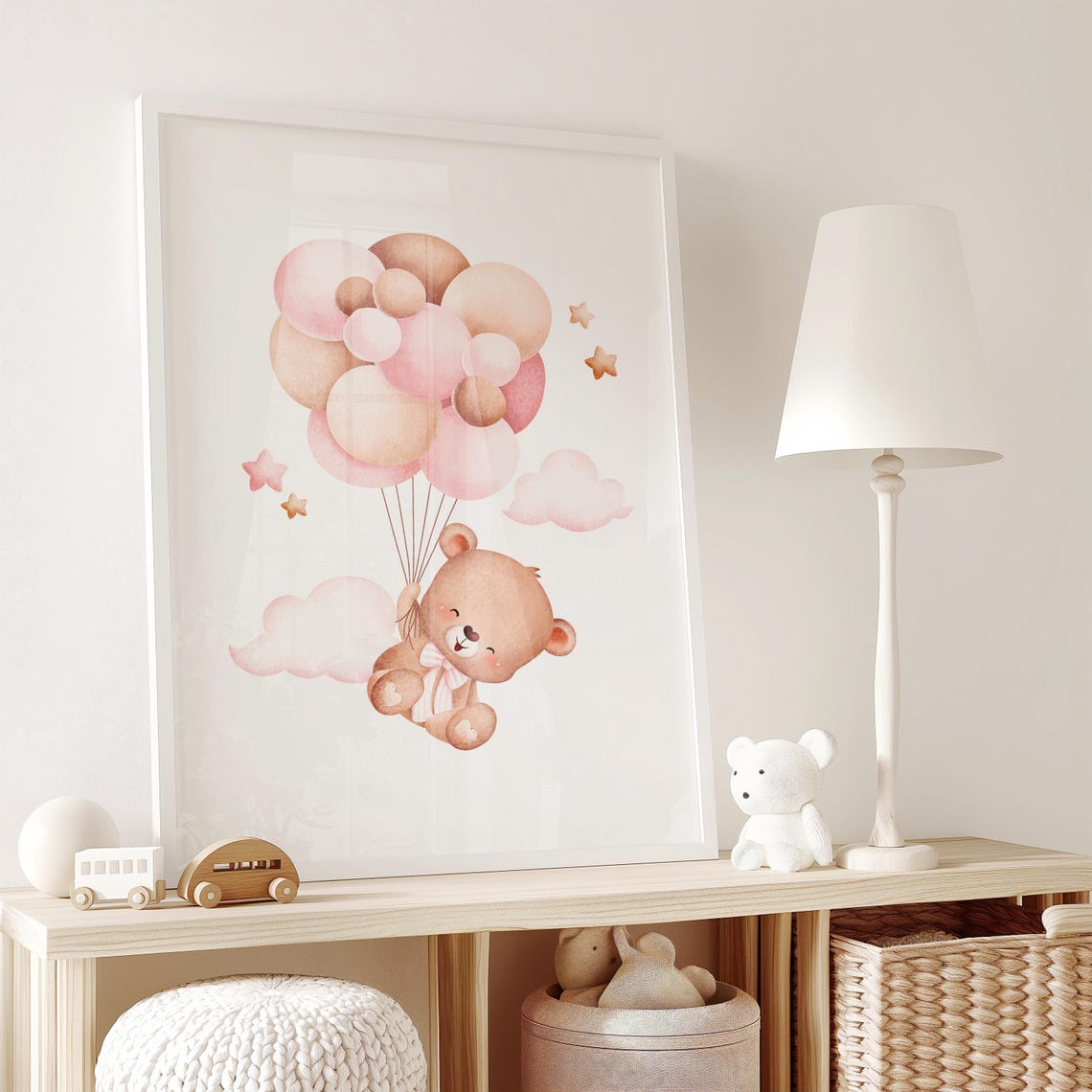 Smiling Teddy Bear Carried by Pink and Cream Balloons Poster - Image 2