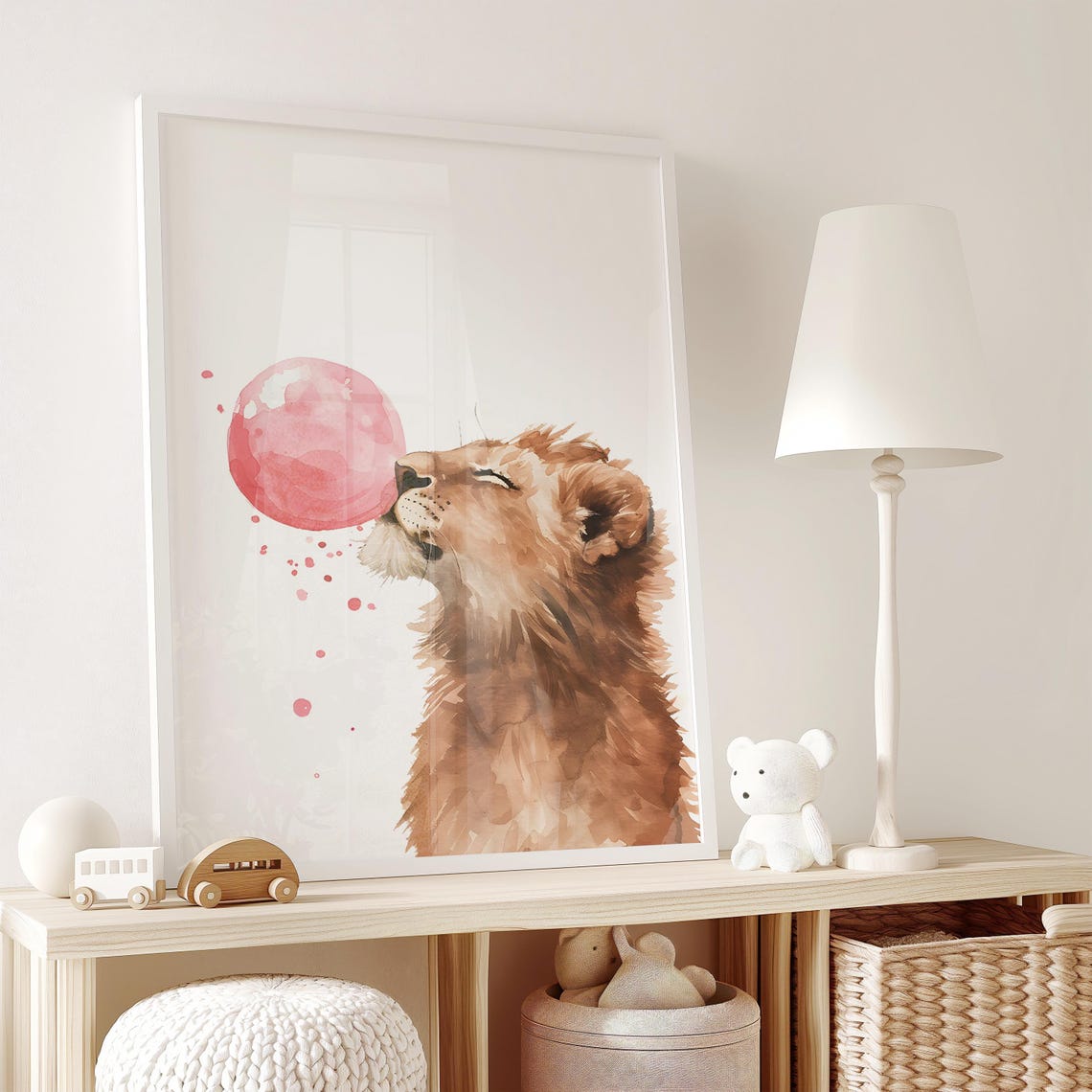 Playful Lion Cub Blowing a Giant Pink Bubblegum Bubble Poster - Image 2