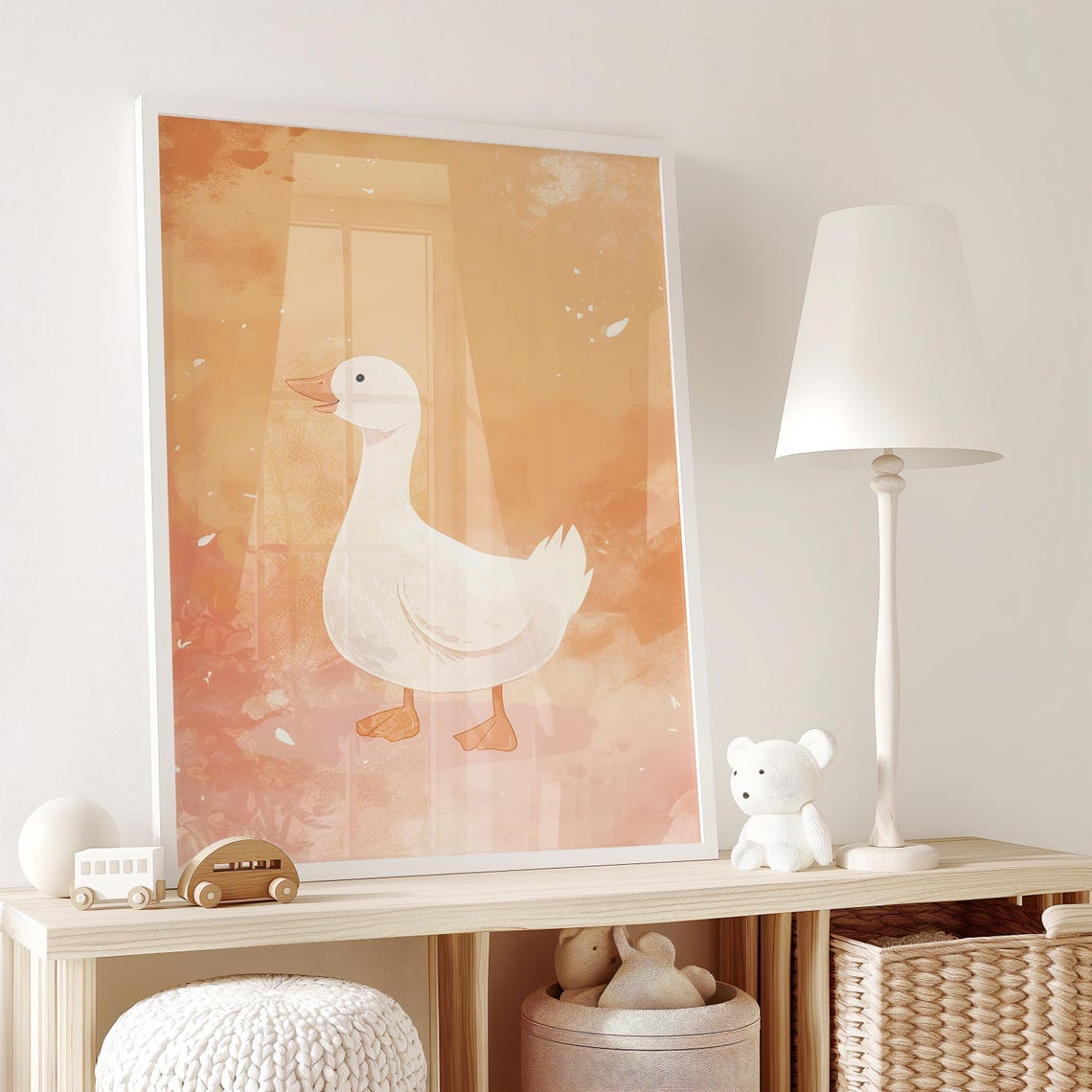 Cheerful White Duck Standing on a Warm Orange Watercolor Poster - Image 2