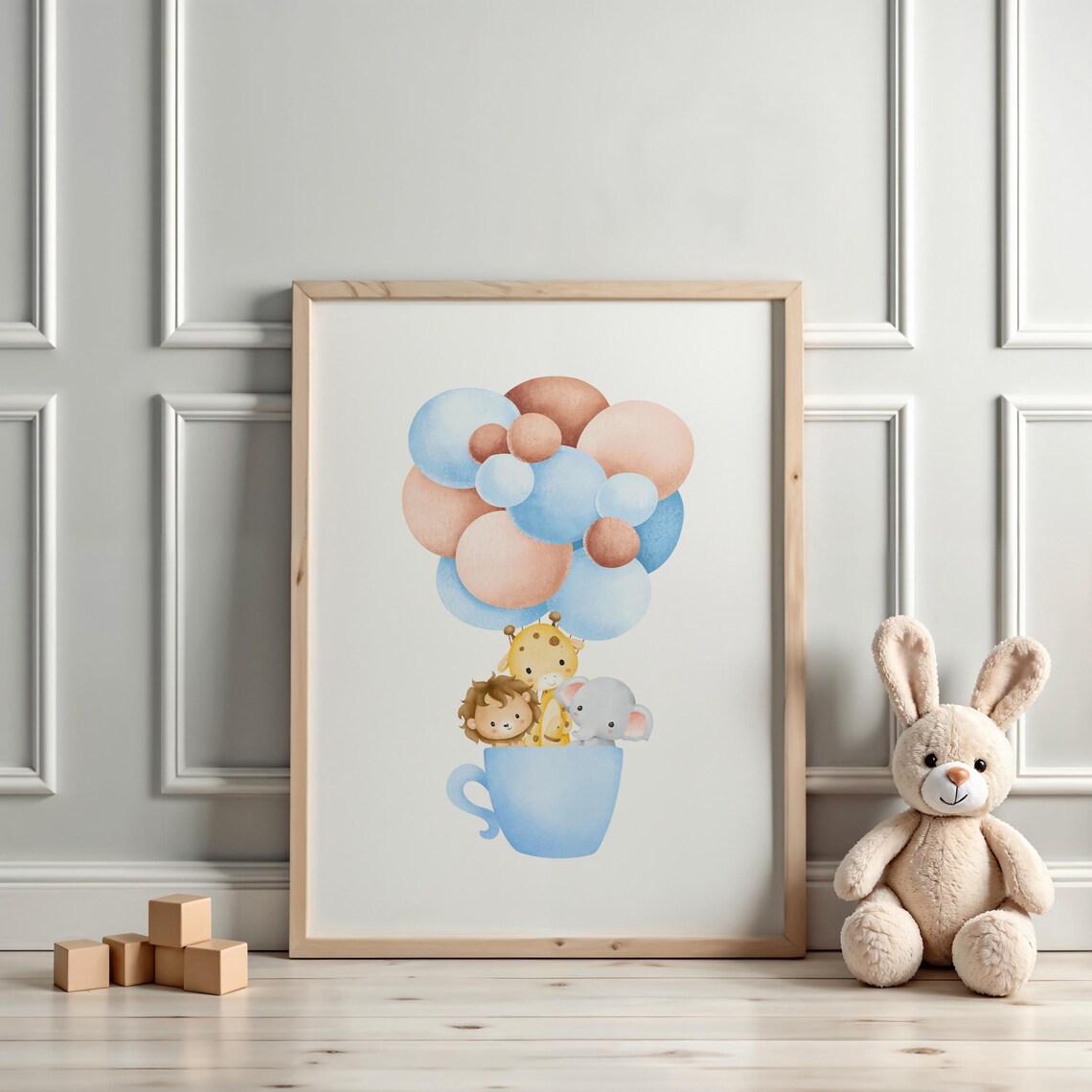 Safari Animals In A Teacup With Balloons Watercolor Nursery Poster - Image 3