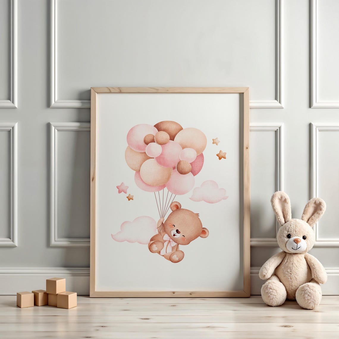 Smiling Teddy Bear Carried by Pink and Cream Balloons Poster - Image 3