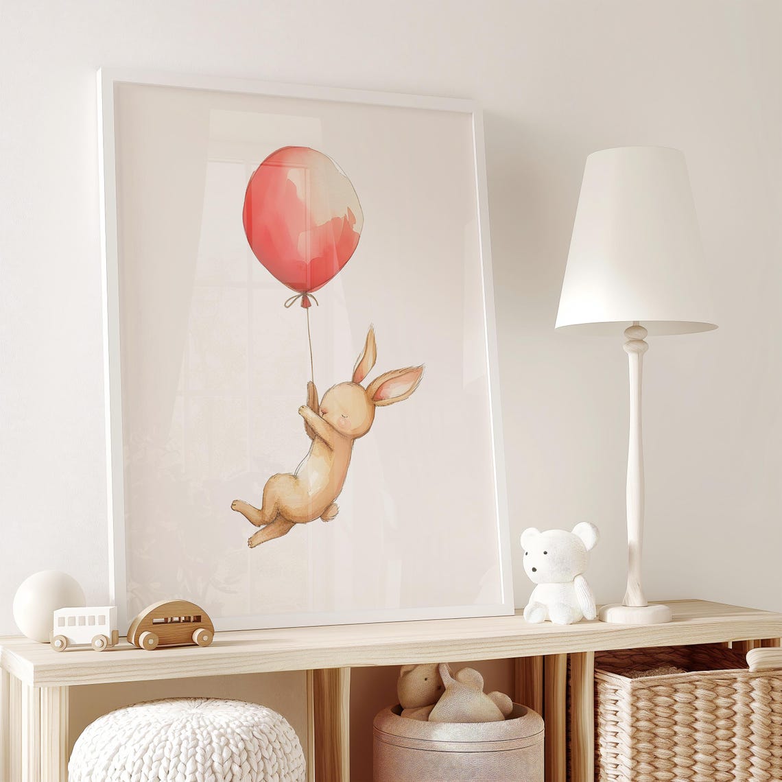 Tiny Watercolor Bunny Floating Away With a Red Balloon Poster - Image 2