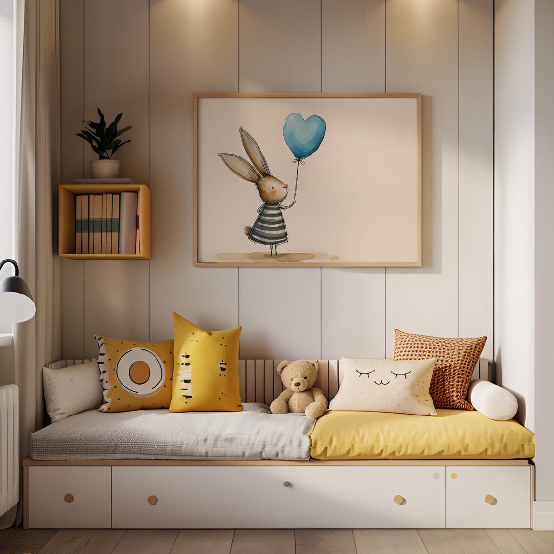 Bunny In Striped Dress With Heart Balloon Cute Nursery Wall Poster - Image 5