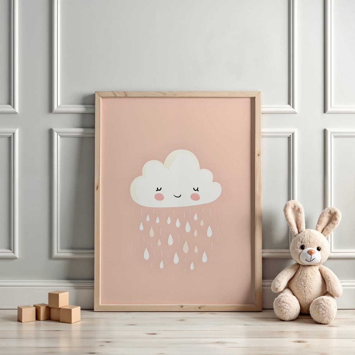 Happy Little Cloud Sprinkling Gentle Rain Blush Nursery Poster - Image 3
