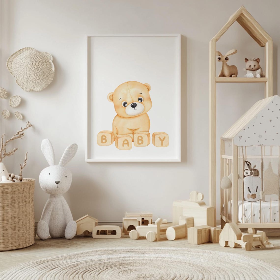 Adorable Teddy Bear With Baby Blocks Watercolor Nursery Wall Poster - Image 4
