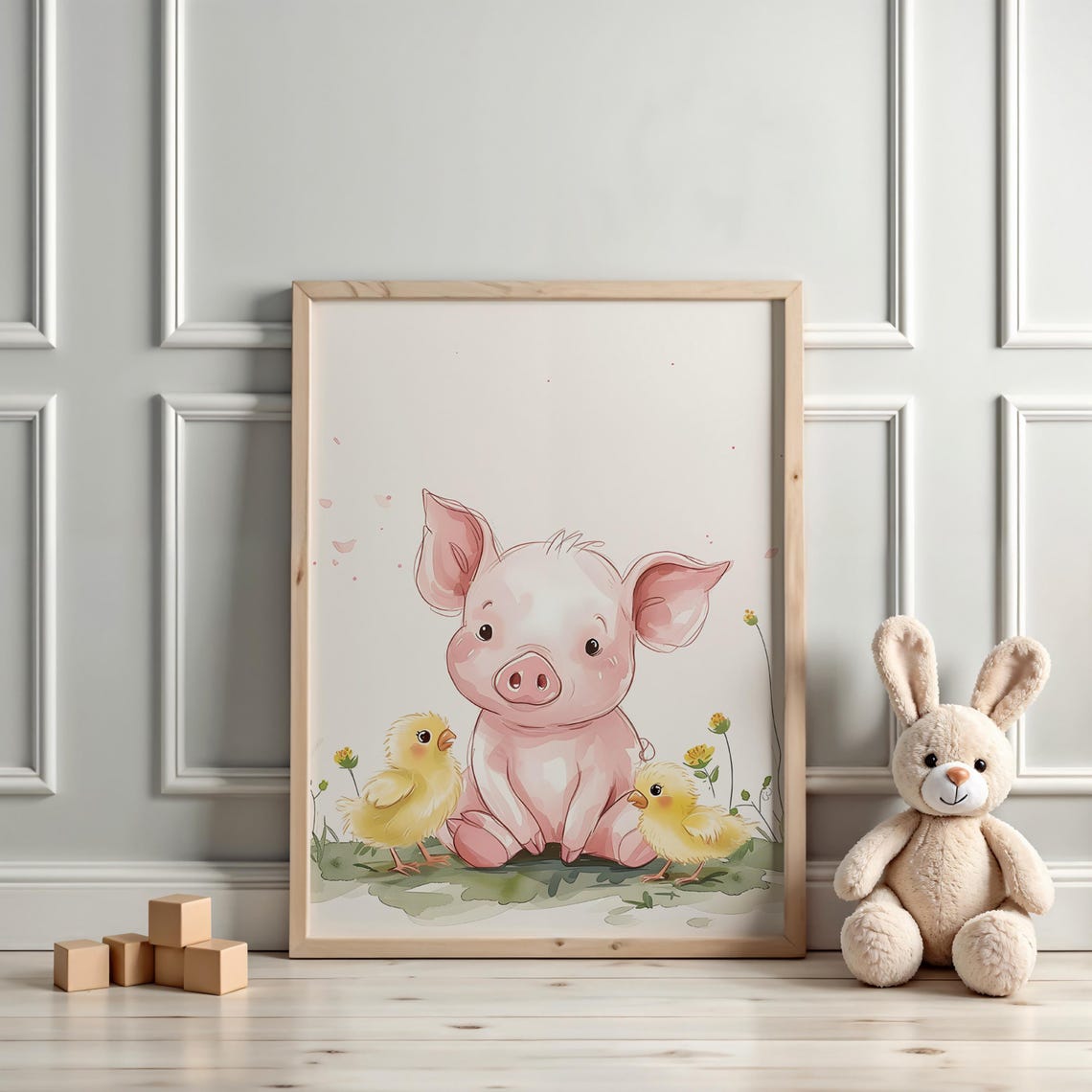 Pink Piglet Snuggling With Two Yellow Chicks in Flowers Poster - Image 3