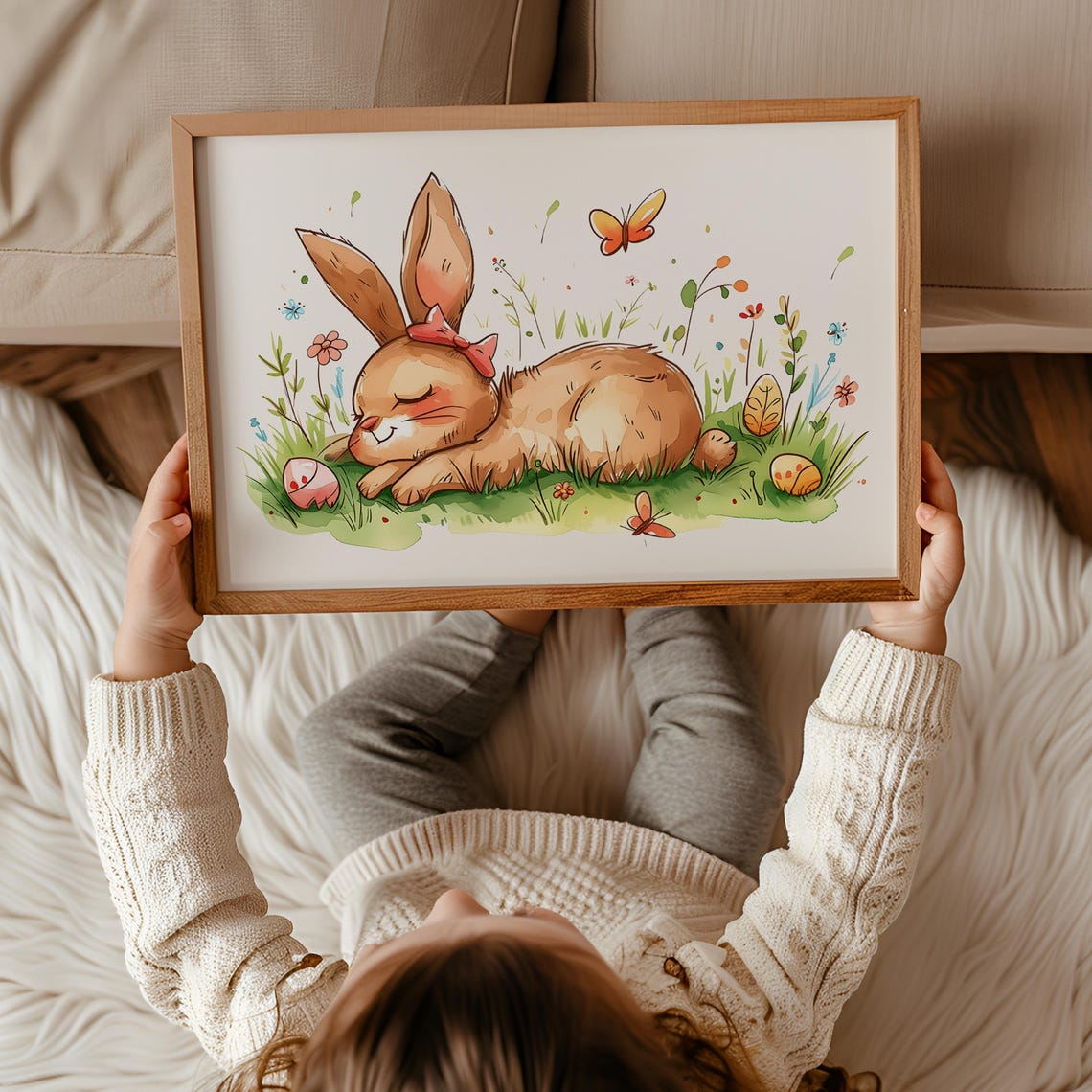 Sleeping Bunny Nursery Wall Art Easter Rabbit With Butterflies And Flowers Whimsical Spring Kids Room Decor - Image 3