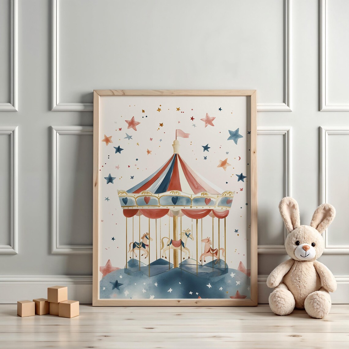 Vintage Carousel With Carousel Horses And Stars Nursery Wall Poster - Image 3