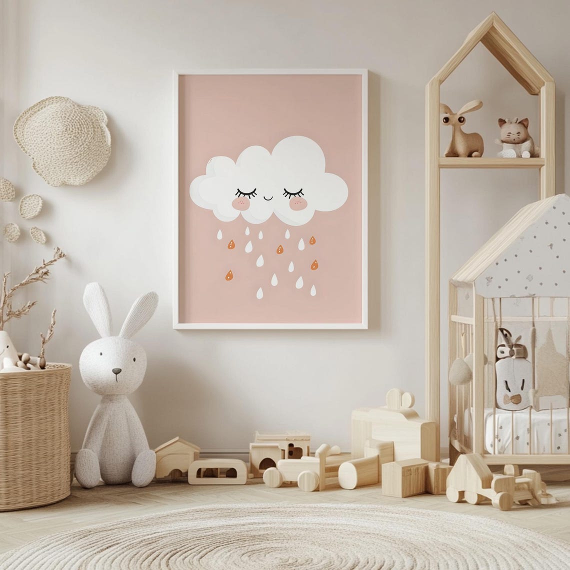 Sleepy Smiling Cloud Drizzling Raindrops Blush Nursery Poster - Image 4