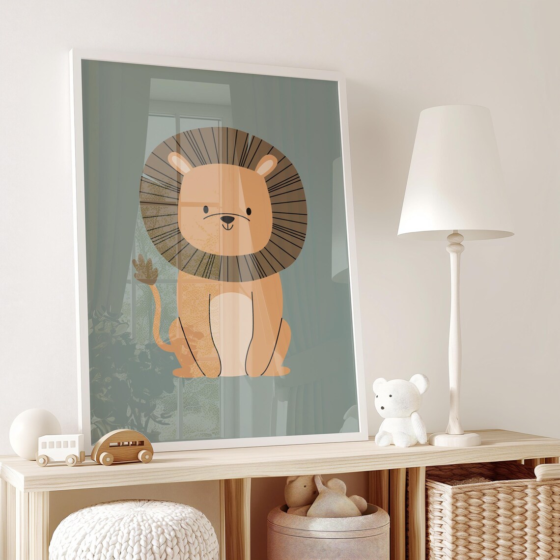 Smiling Cartoon Lion On Sage Green Simple Safari Nursery Poster - Image 2
