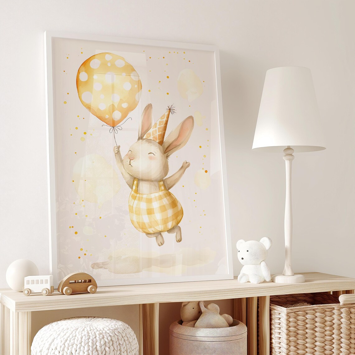Party Bunny Yellow Gingham Balloon Birthday Watercolor Kids Poster - Image 2