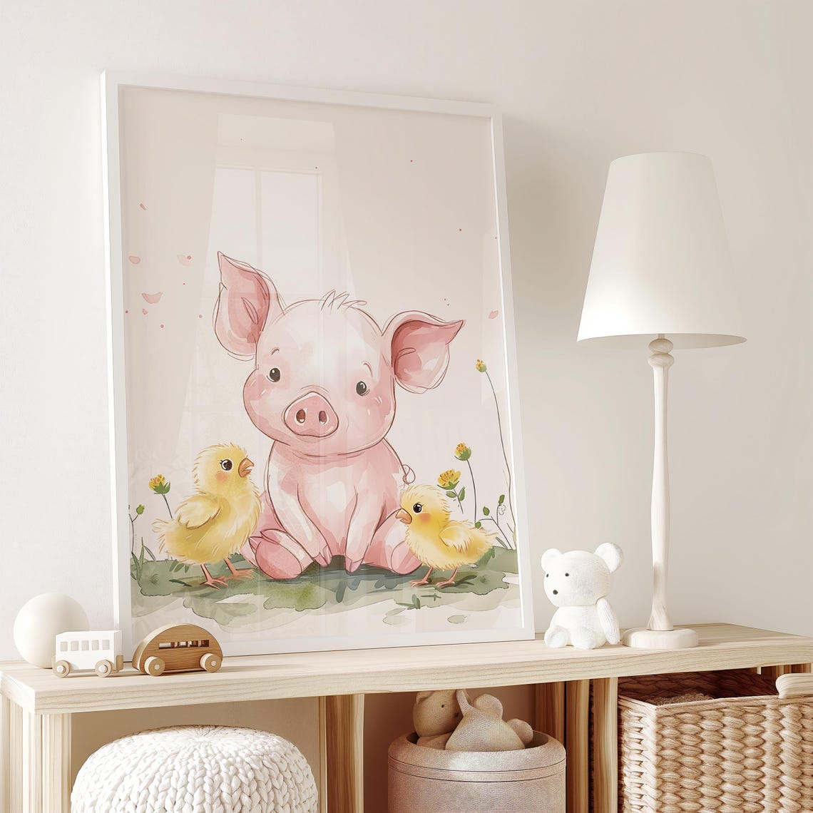 Pink Piglet Snuggling With Two Yellow Chicks in Flowers Poster - Image 2