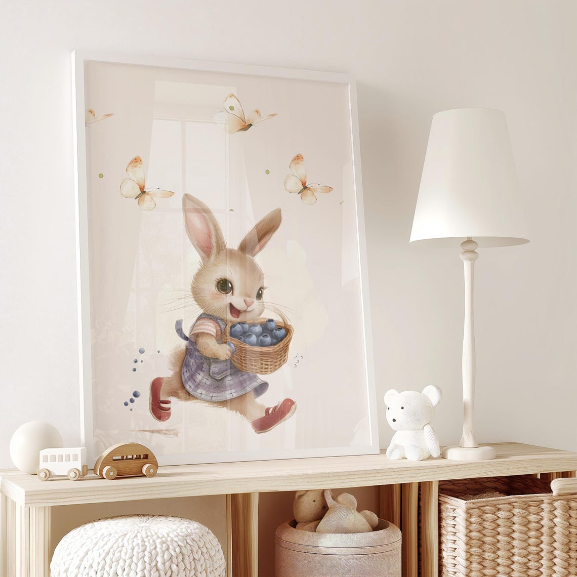 Whimsical Bunny With Blueberries And Butterflies Wall Art Playful Watercolor Animal Print For Kids Room Decor - Image 2