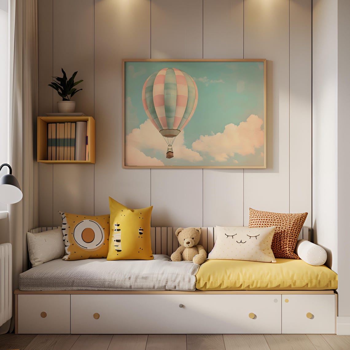 Vintage Hot Air Balloon In Clouds Pastel Sky Nursery Wall Decor Poster - Image 5