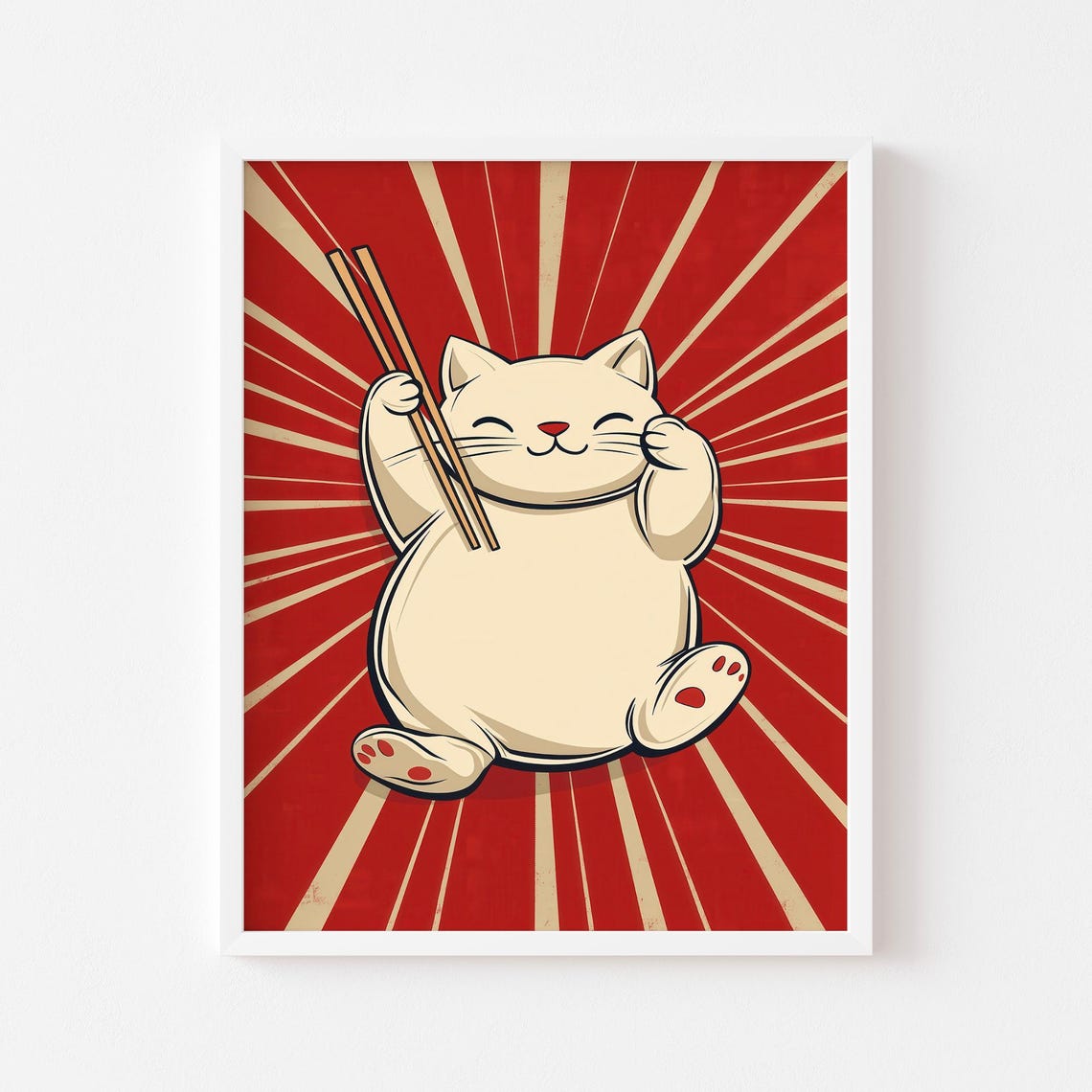 Chubby Cat Holding Chopsticks Red Sunburst Funny Japanese Poster - Image 2