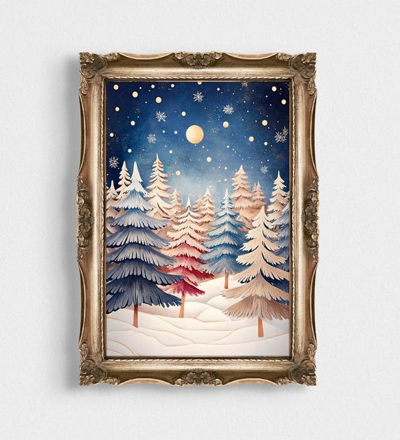 Moody Christmas Tree Art Print Pine Forest Holiday Decor Neutral Winter Wall Art Farmhouse Christmas Cozy Seasonal Artwork