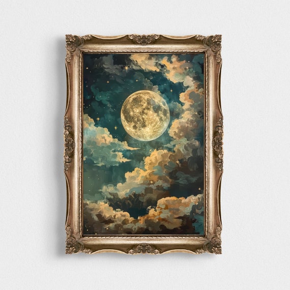 Enchanting Celestial Moon Art Print Vintage Inspired Night Sky Painting Dark Academia Cottagecore Decor For Home
