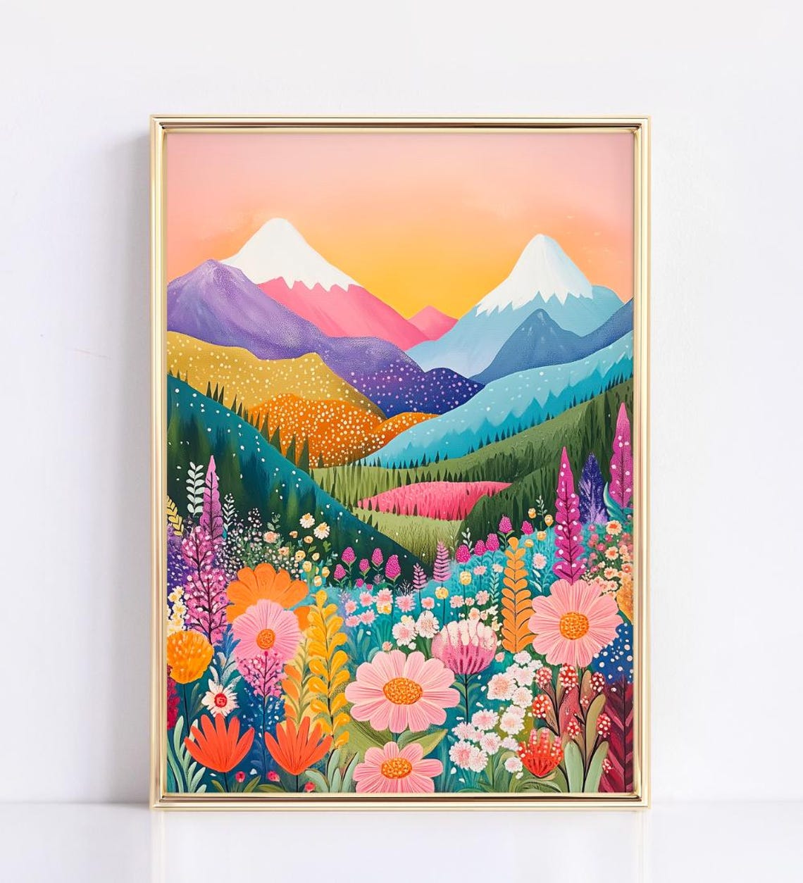 Colorful Mountain Wildflower Meadow Pink Peaks Sunset Wall Art