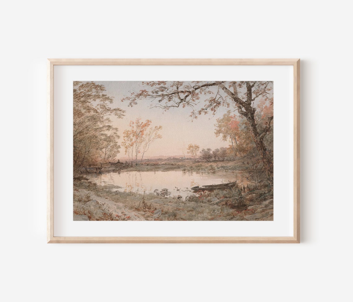 Autumn Pond With Rowboat Muted Fall Landscape Painting Poster - Image 3