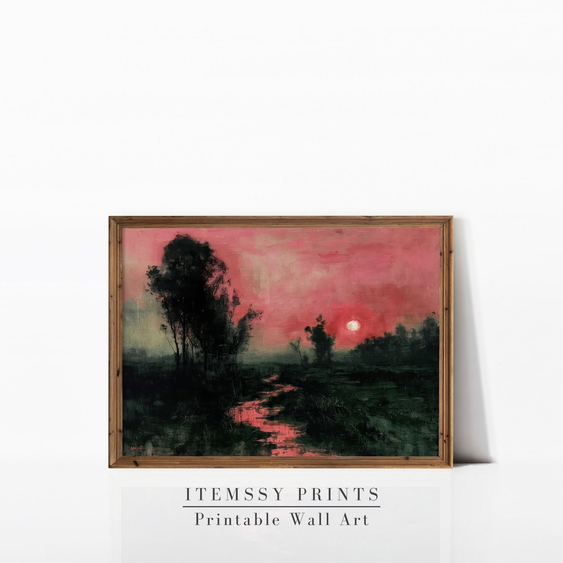 Red Sunset Over Dark Marshland Wetland Vintage Mood Painting Poster