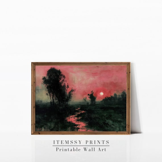 Forest Landscape By Red Moonlight Dark Vintage Sunset Landscape Painting Print Abstract Dark Academia Art Print Wall Art