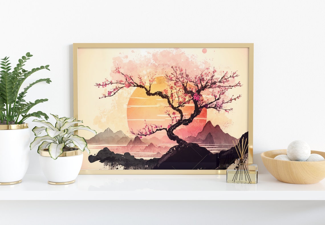 Japanese Cherry Blossom Tree Sunrise Watercolor Garden Art Poster - Image 2
