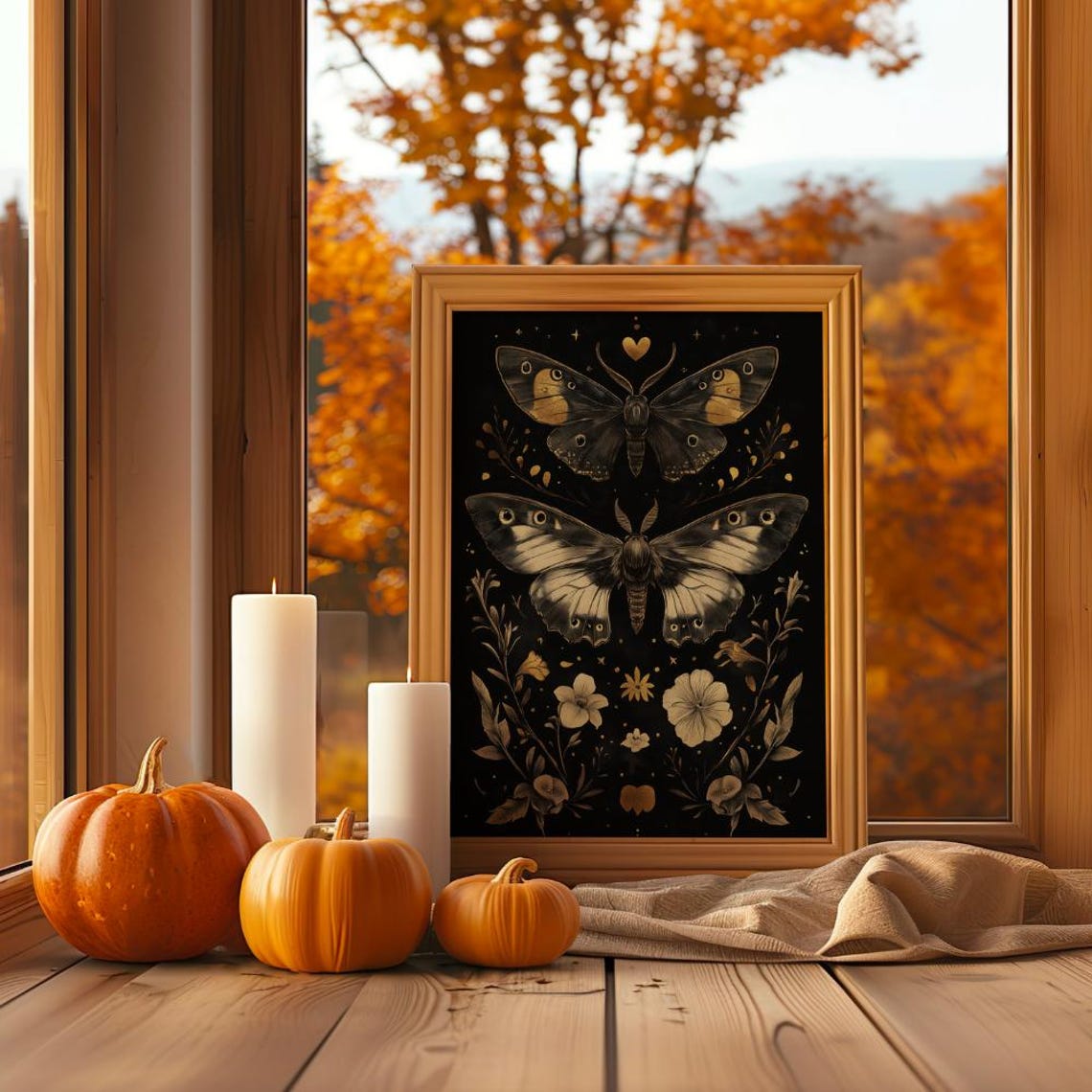 Black Moth Botanical Art Print Gold Gothic Floral Dark Decorative - Image 3