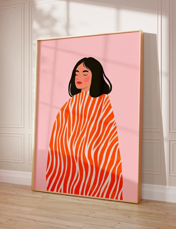 Woman in Orange Zebra Striped Dress on Pink Background Art Poster