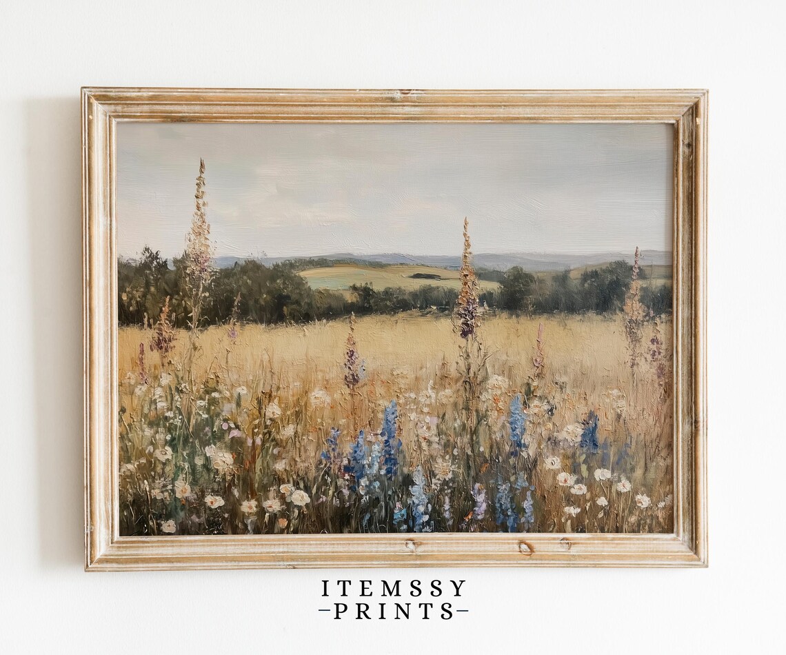 Wildflower Field Golden Meadow Vintage Landscape Oil Painting Poster