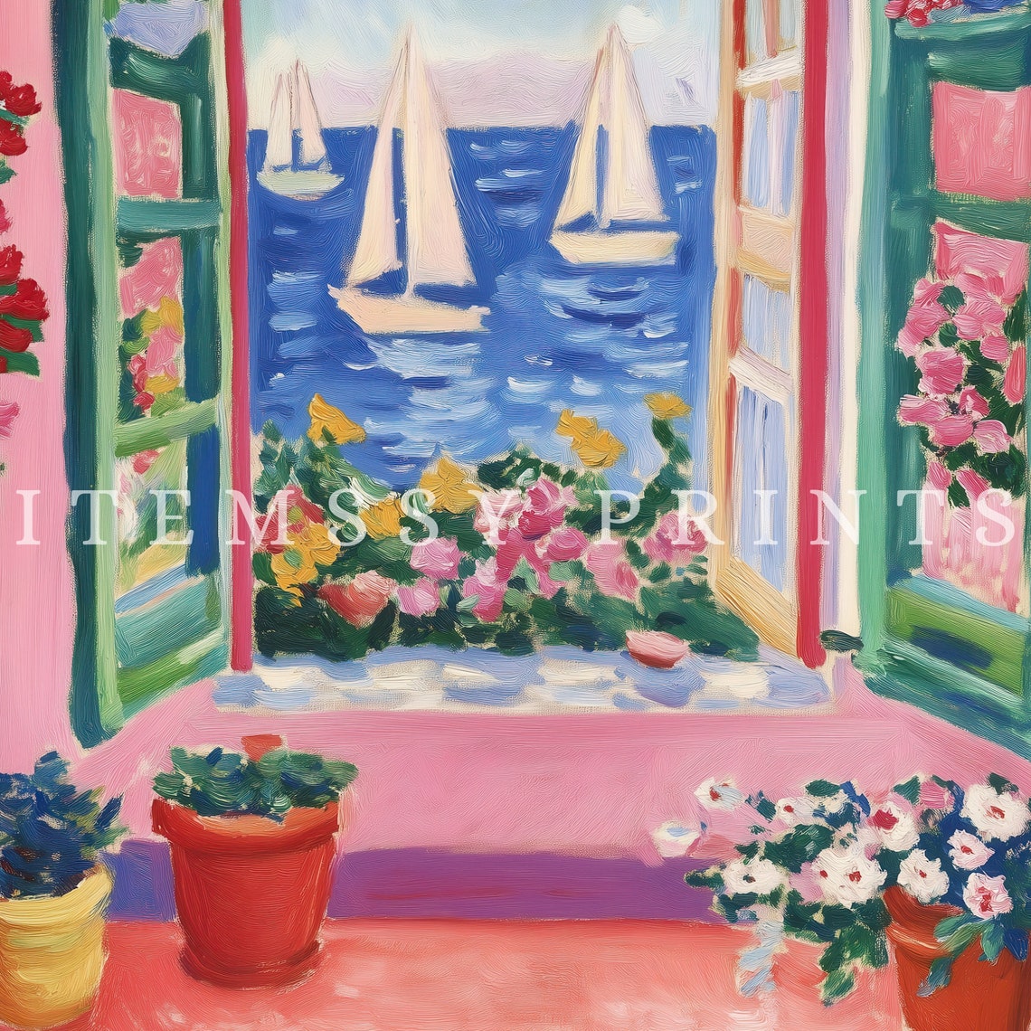 Matisse Style Open Window with Sailboats Pink Coastal Wall Art - Image 3