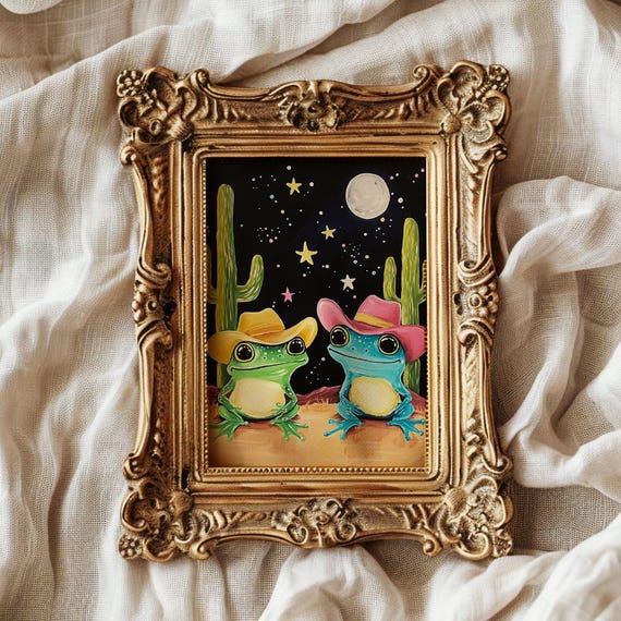 Cowboy Frog Wall Art Print Whimsical Toad And Frog In Cowboy Hats Printablefunny Colorful Cacti Art Poster Playful Western Decor
