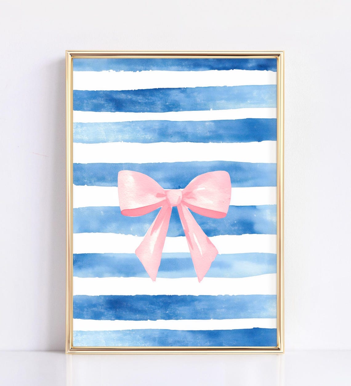 Pink Bow on Blue Stripes Watercolor Preppy Coastal Chic Wall Art