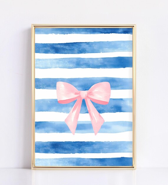 Pink Bow on Blue Stripes Watercolor Preppy Coastal Chic Wall Art
