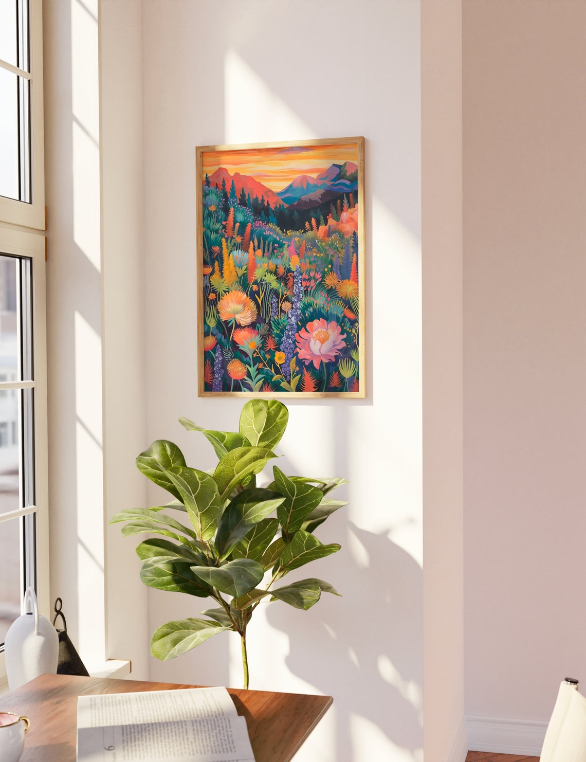 Colorful Sunset Mountain Meadow Maximalist Floral Landscape Poster - Image 2