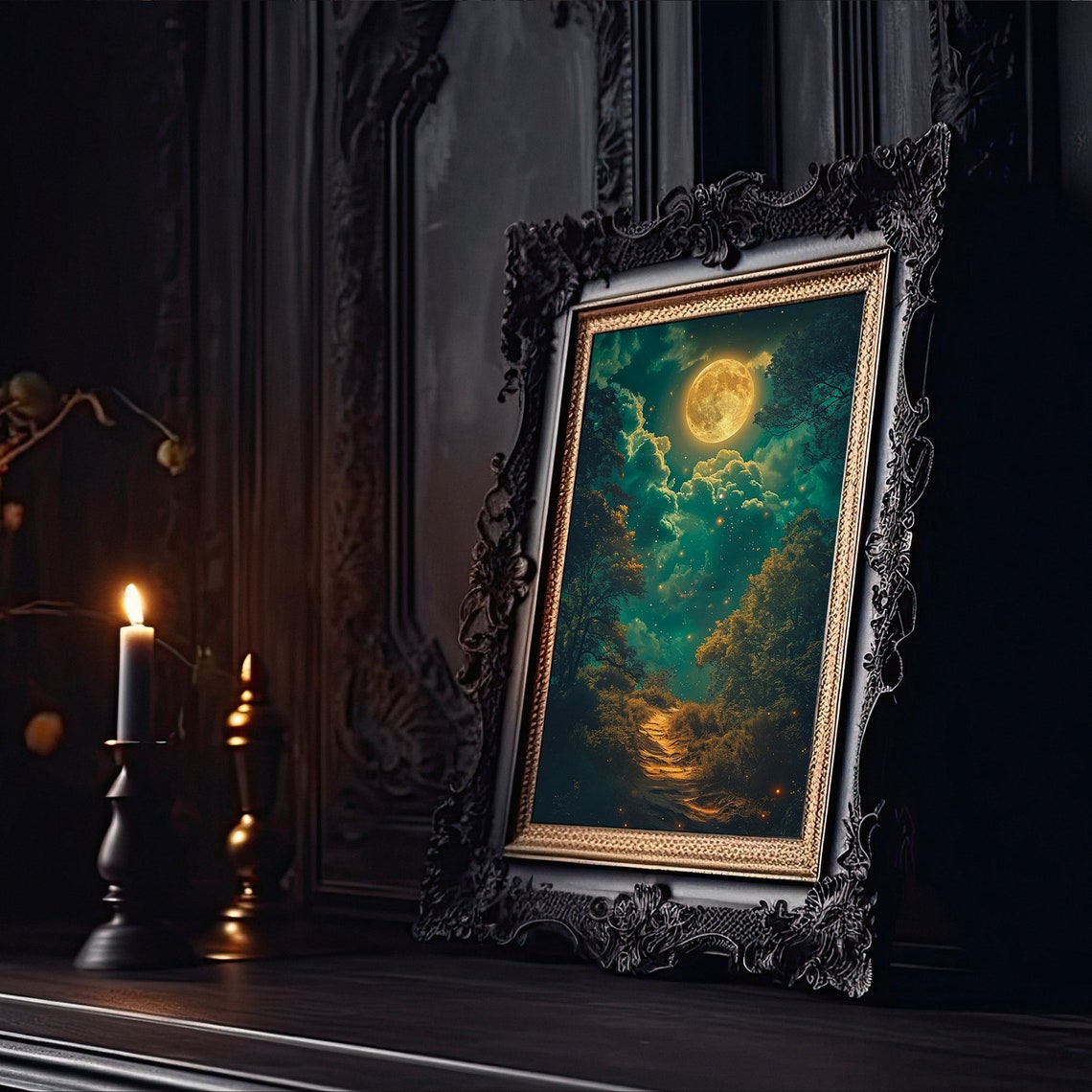 Golden Full Moon Over Forest Path Teal Night Sky Painting Poster - Image 2
