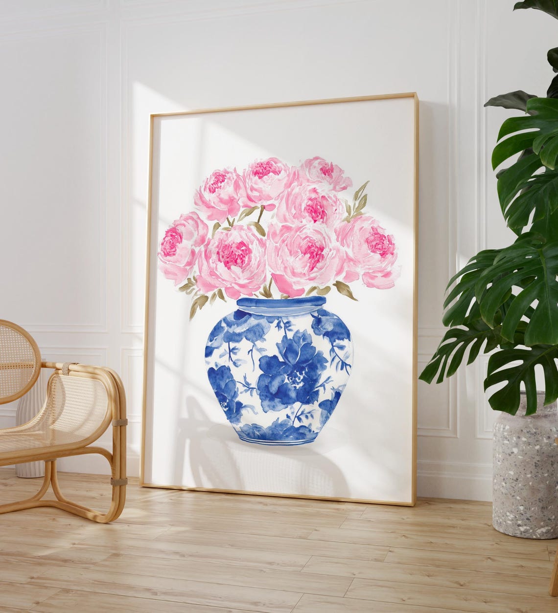 Pink Peonies Chinoiserie Vase Watercolor Floral Home Decor Poster - Image 2